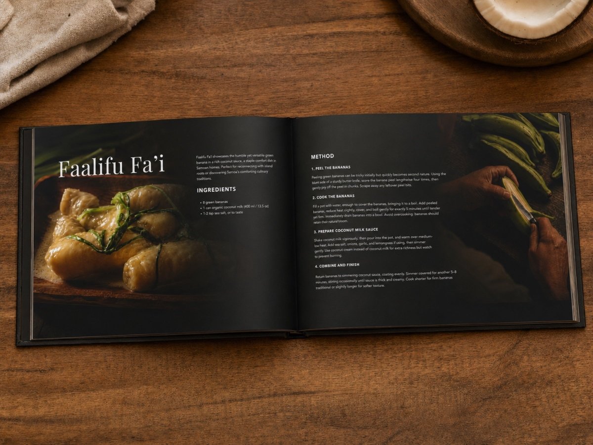Hardcover keepsake book "The Samoan Comfort Book" with six Samoan recipes, featuring traditional cuisine and cultural stories.