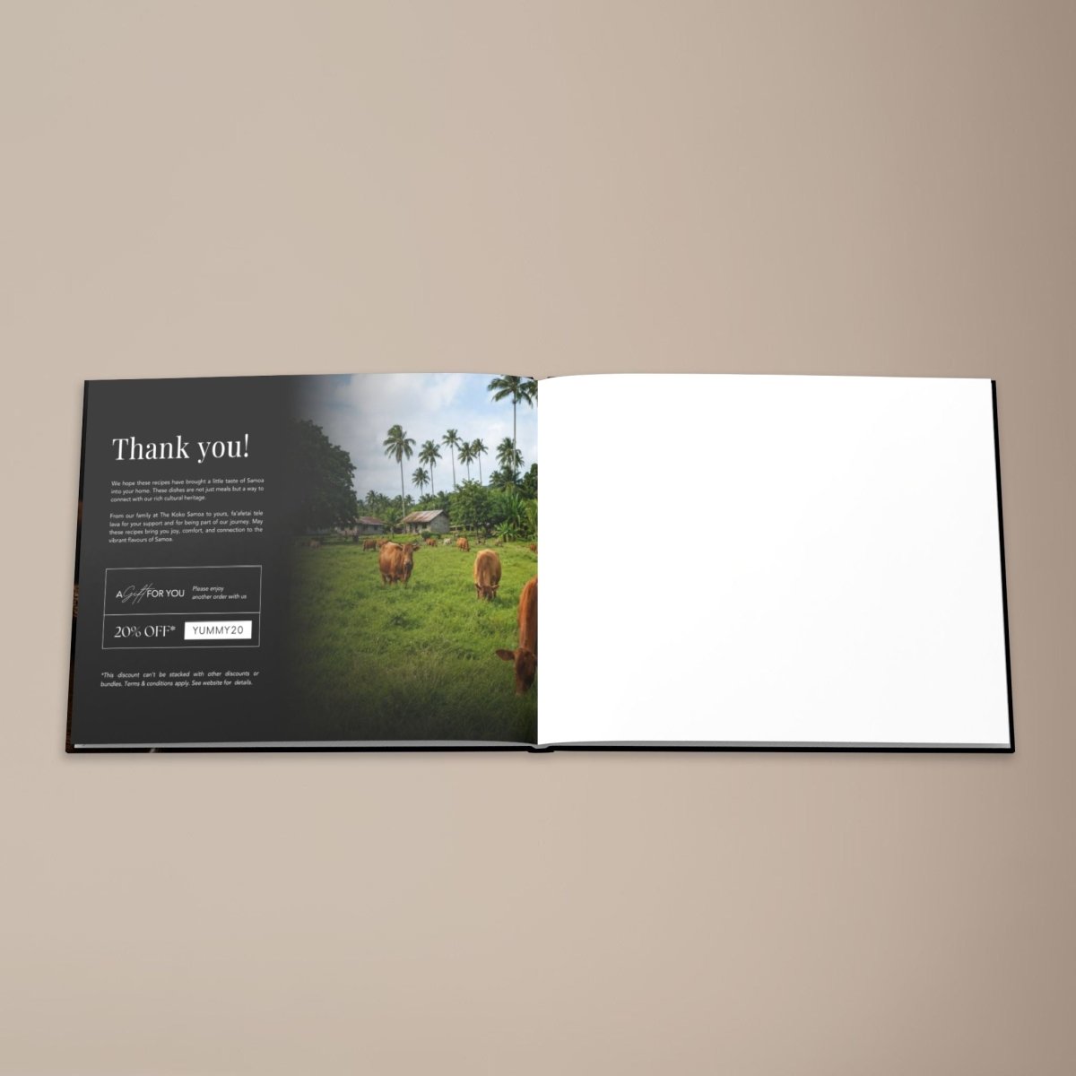 Hardcover keepsake book titled "The Samoan Comfort Book" featuring 6 traditional Samoan recipes, by District Photo.