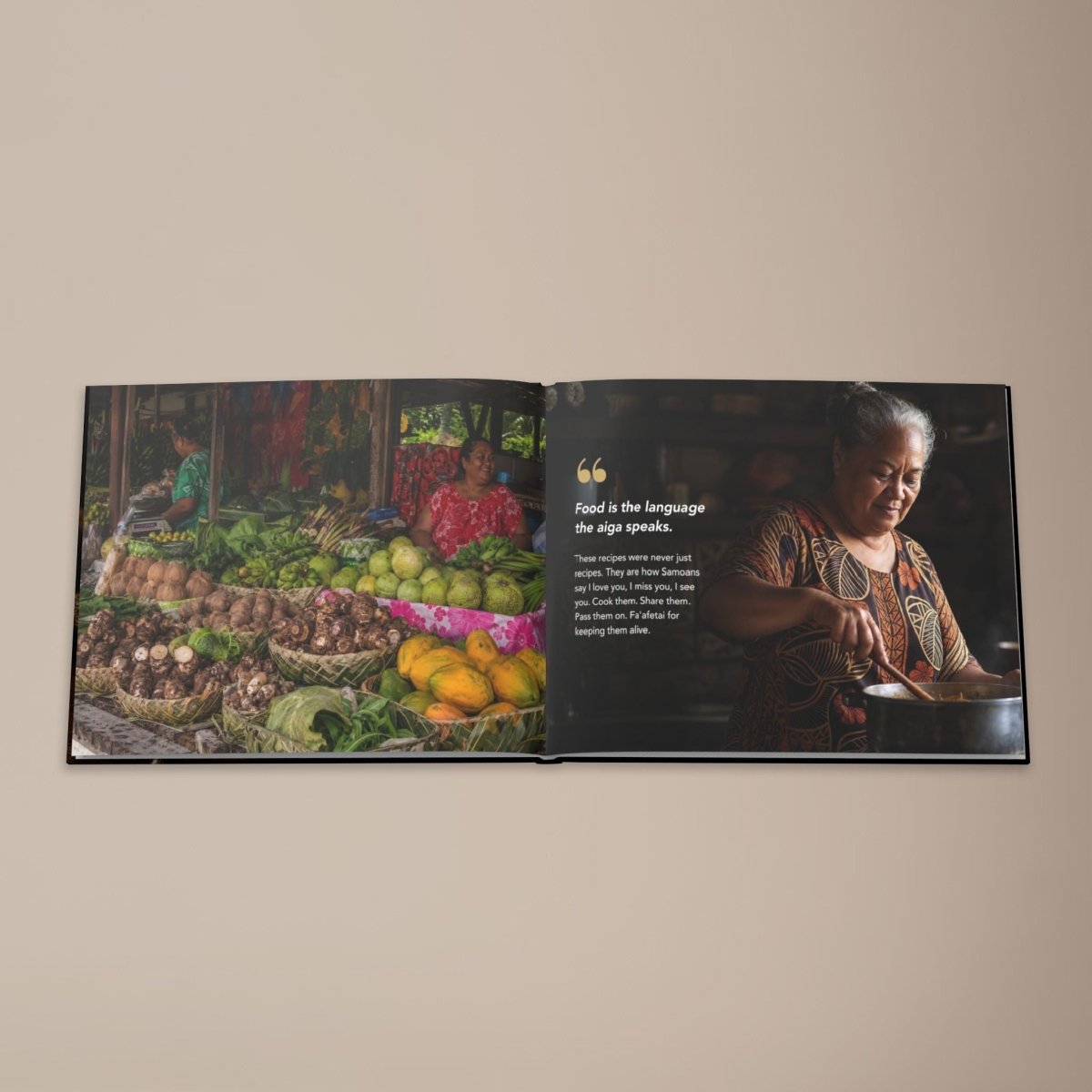 Hardcover keepsake book featuring six traditional Samoan recipes from District Photo, with vibrant cover design.