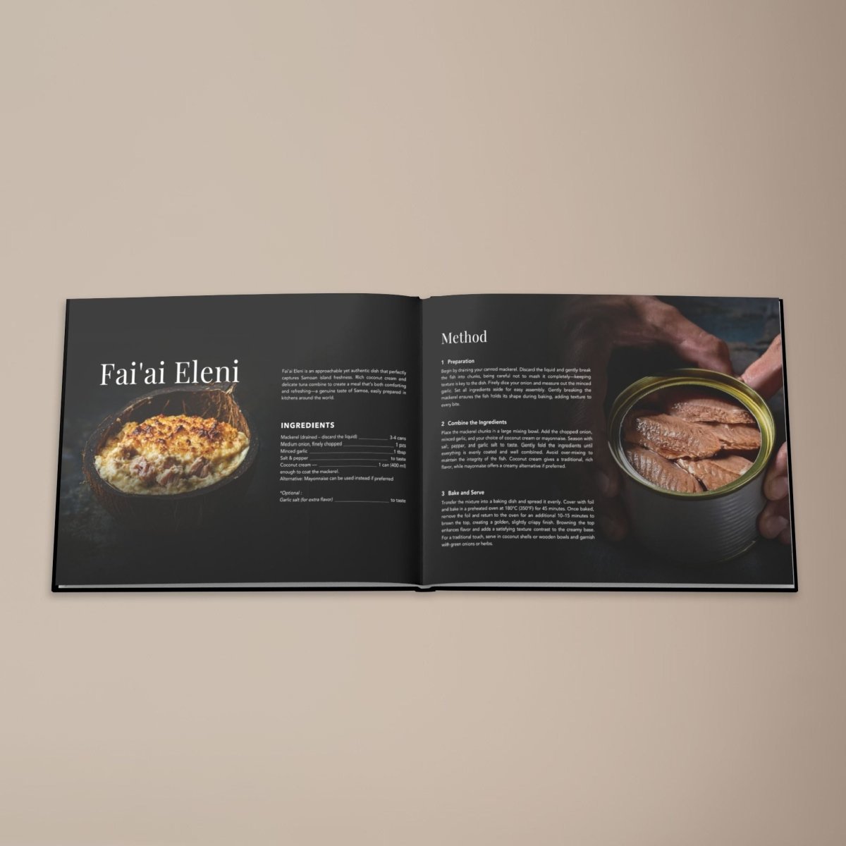 Hardcover keepsake book featuring six traditional Samoan recipes, titled "The Samoan Mains," by District Photo.