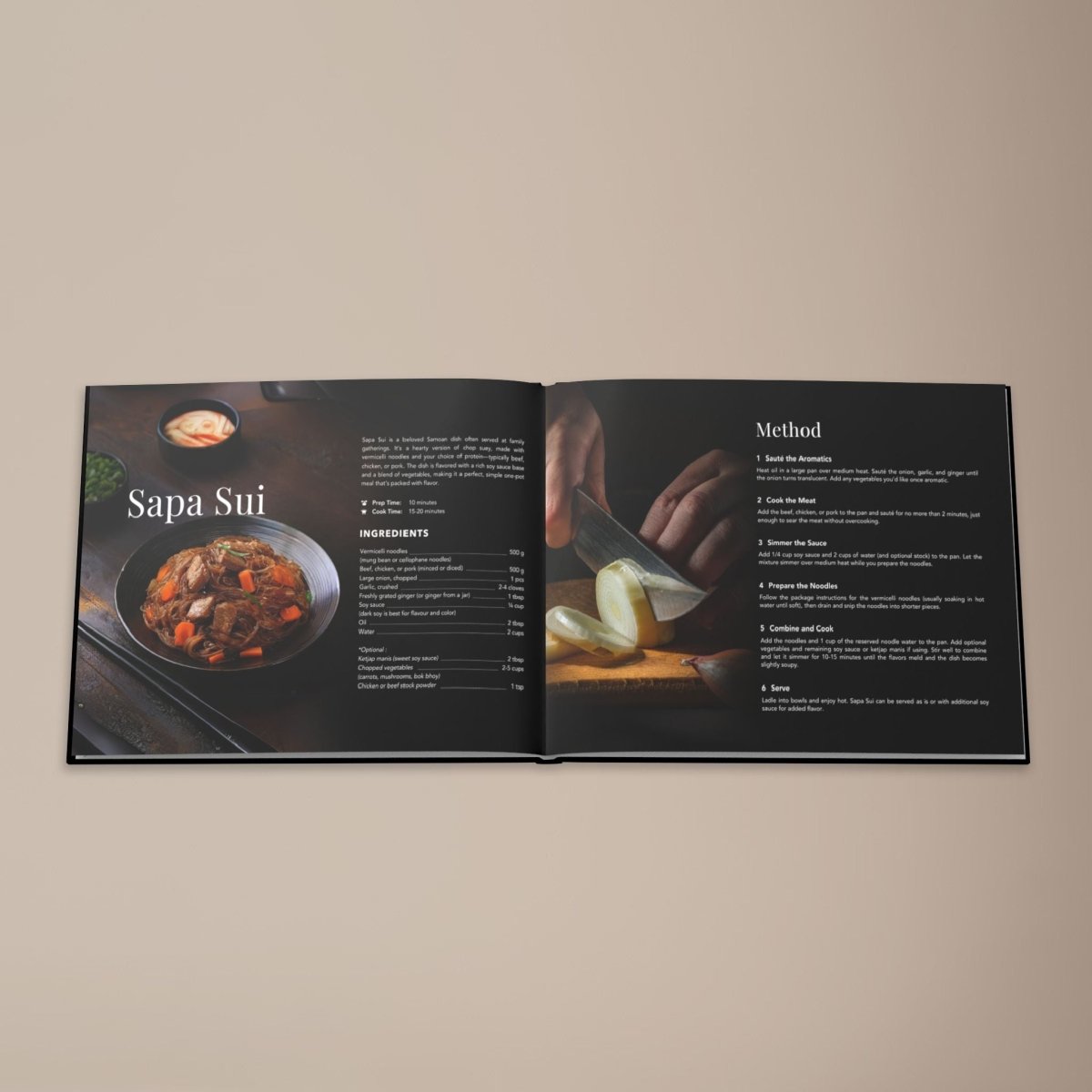 Hardcover keepsake book featuring 6 traditional Samoan recipes, with images of the Samoan mains and cultural dishes.