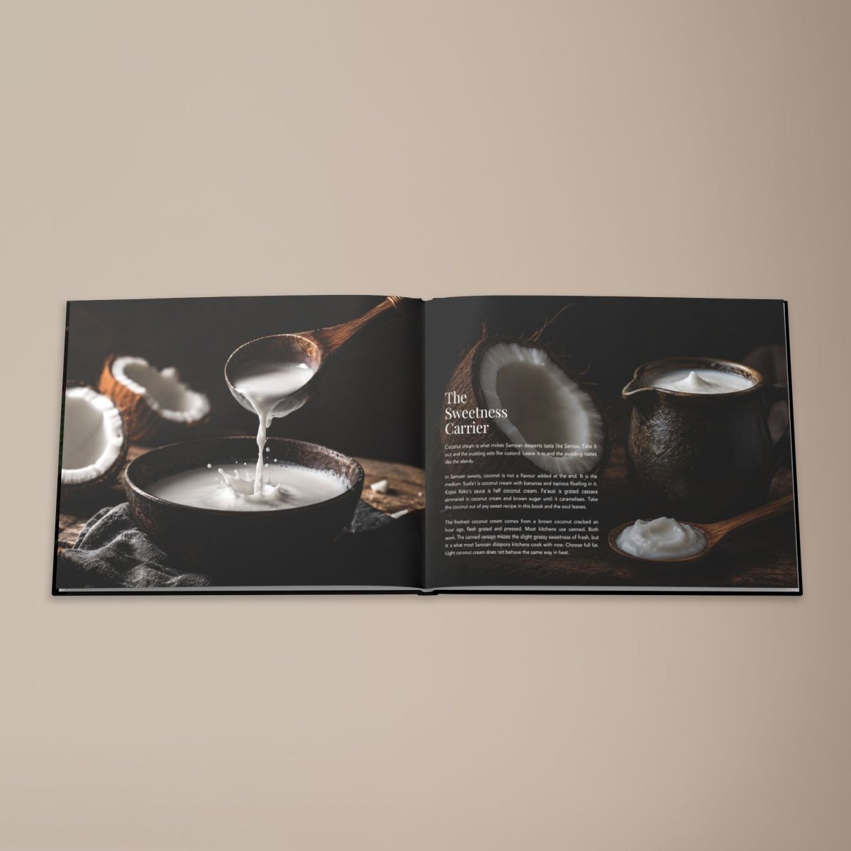 Hardcover keepsake book titled "The Samoan Sweets Book" featuring six traditional Samoan recipes, by District Photo.