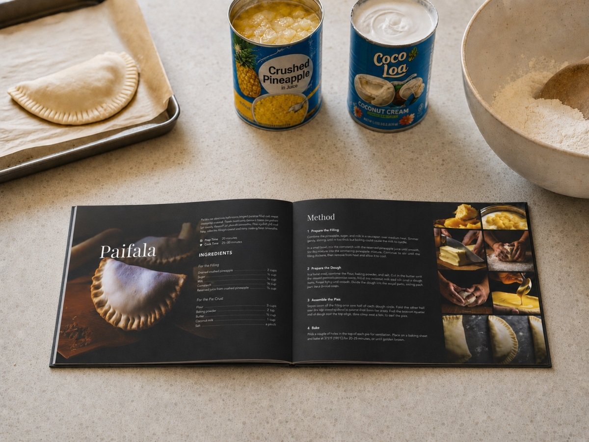 Hardcover keepsake book titled "The Samoan Sweets Book" by District Photo featuring six traditional Samoan recipes.