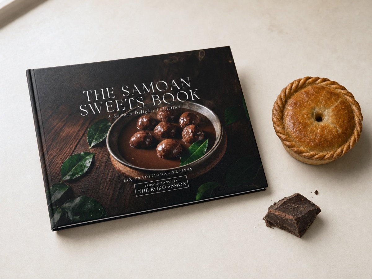 Hardcover keepsake book titled "The Samoan Sweets Book" with six traditional Samoan recipes, featuring vibrant cover art.