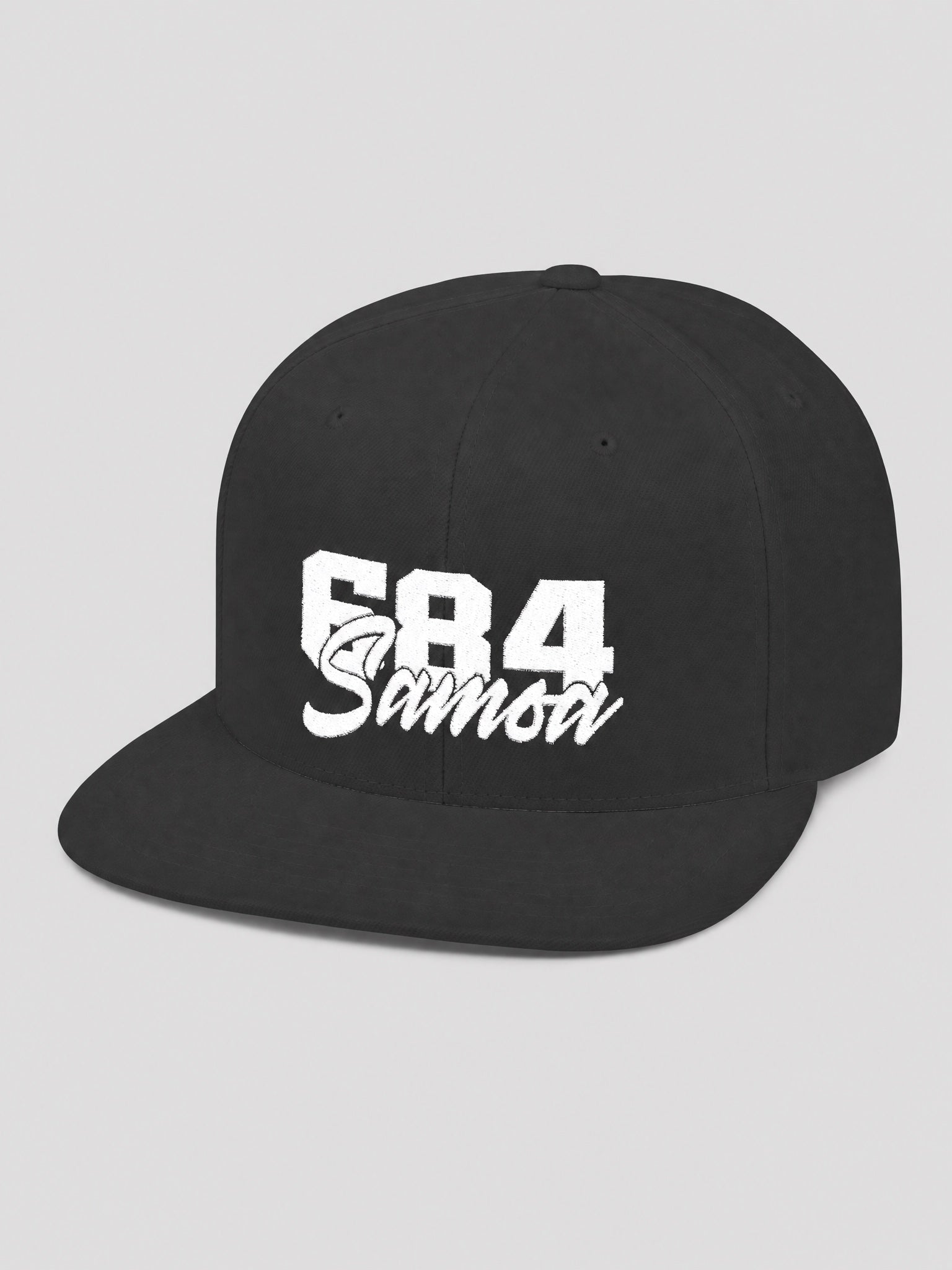 Flat Bill Snapback Hat - 684  Samoa - Black Embroidery on a light grey studio background