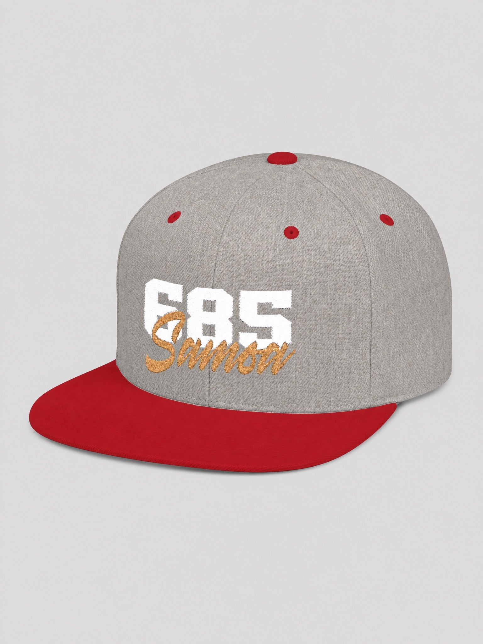 Flat Bill Snapback Hat - 685 Samoa - White & Gold Embroidery on a light grey studio background