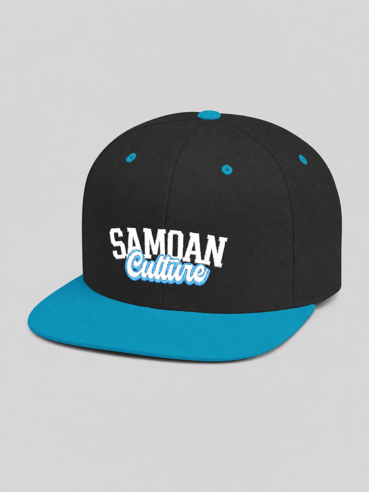 Flat Bill Snapback Hat - Samoan Culture - Blue White Embroidery on a light grey studio background