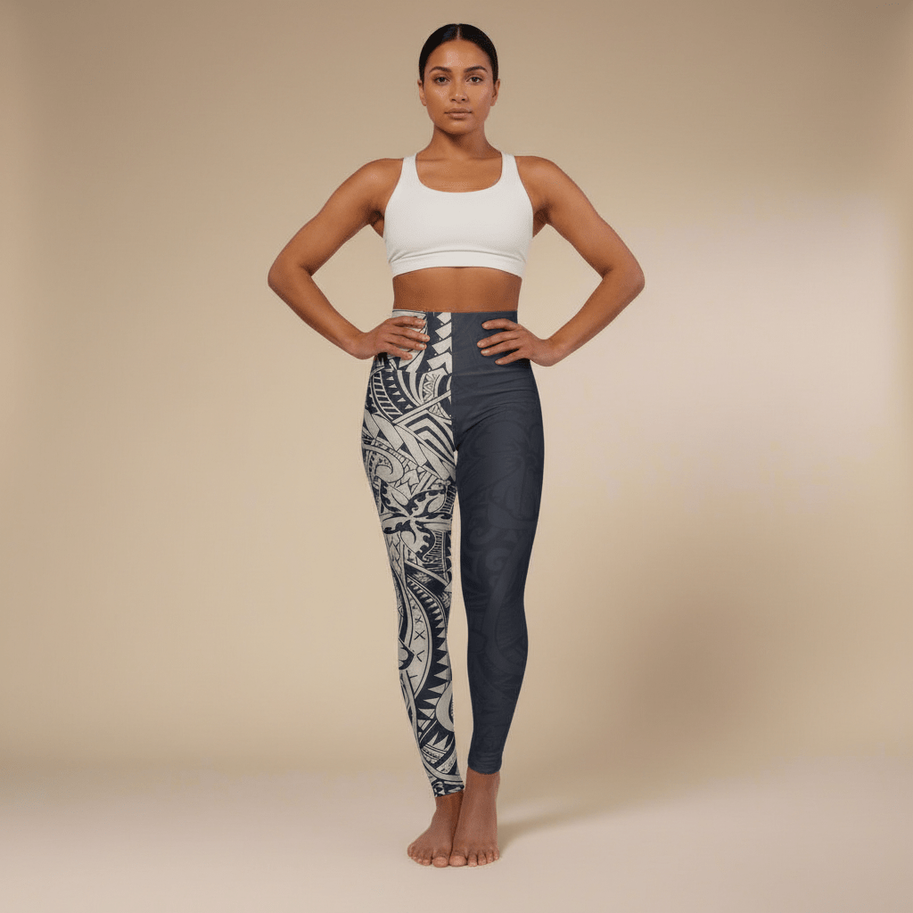Blue Bloom high-waisted yoga leggings by Miami Sublimation featuring a vibrant floral pattern, perfect for activewear.