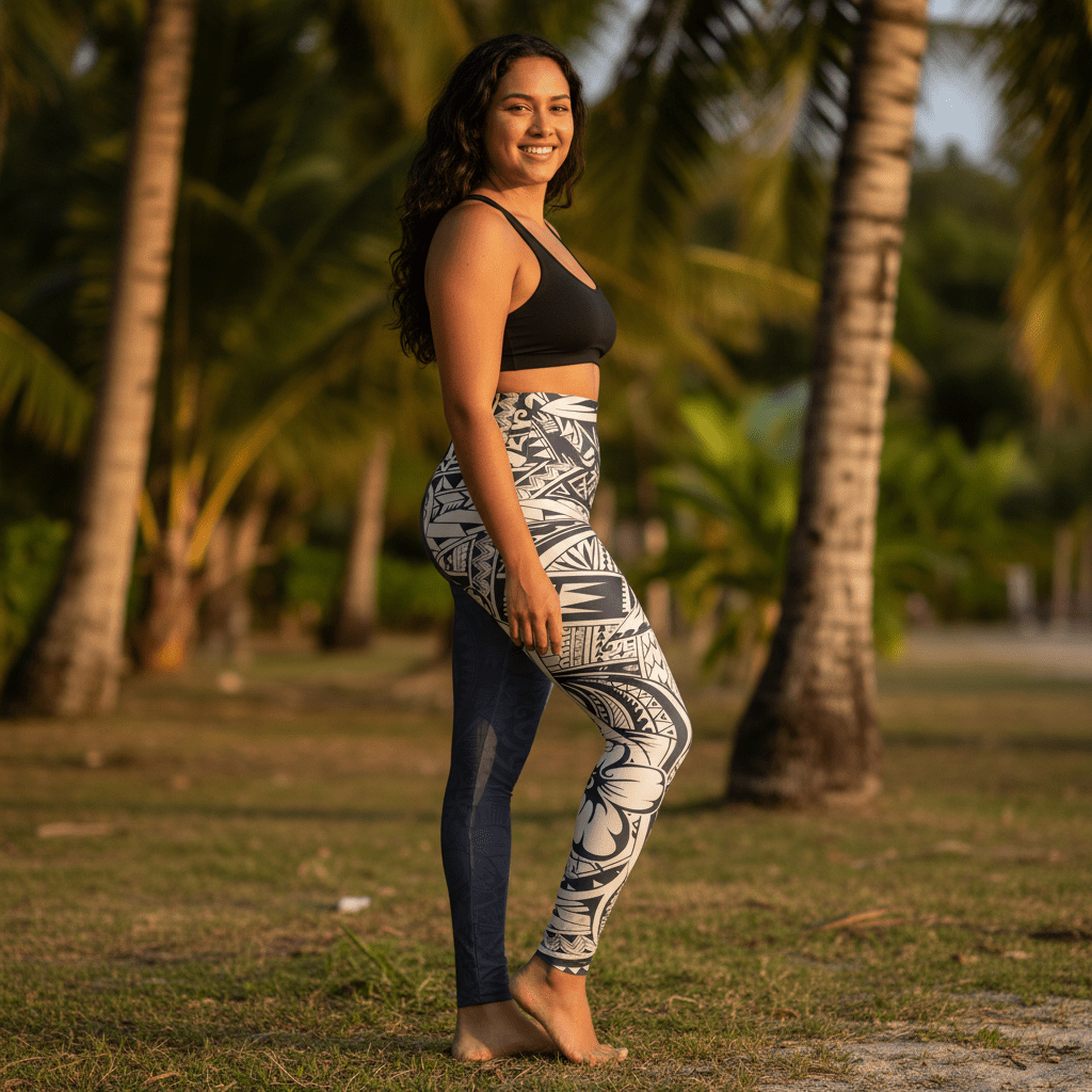 Blue Bloom high-waisted yoga leggings by Miami Sublimation featuring vibrant floral pattern for active wear.