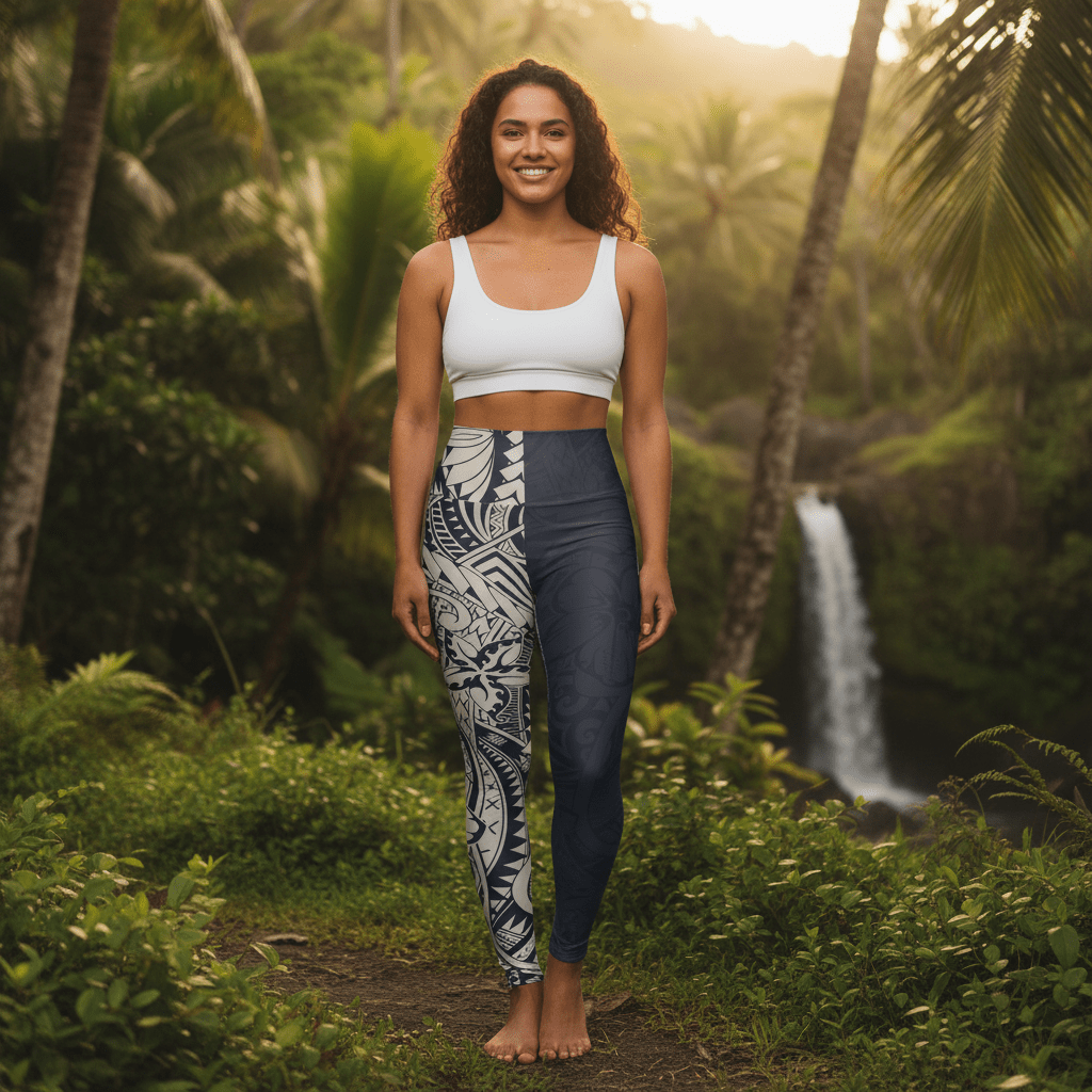 Blue Bloom high-waisted yoga leggings by Miami Sublimation featuring vibrant floral print, designed for comfort and flexibility.