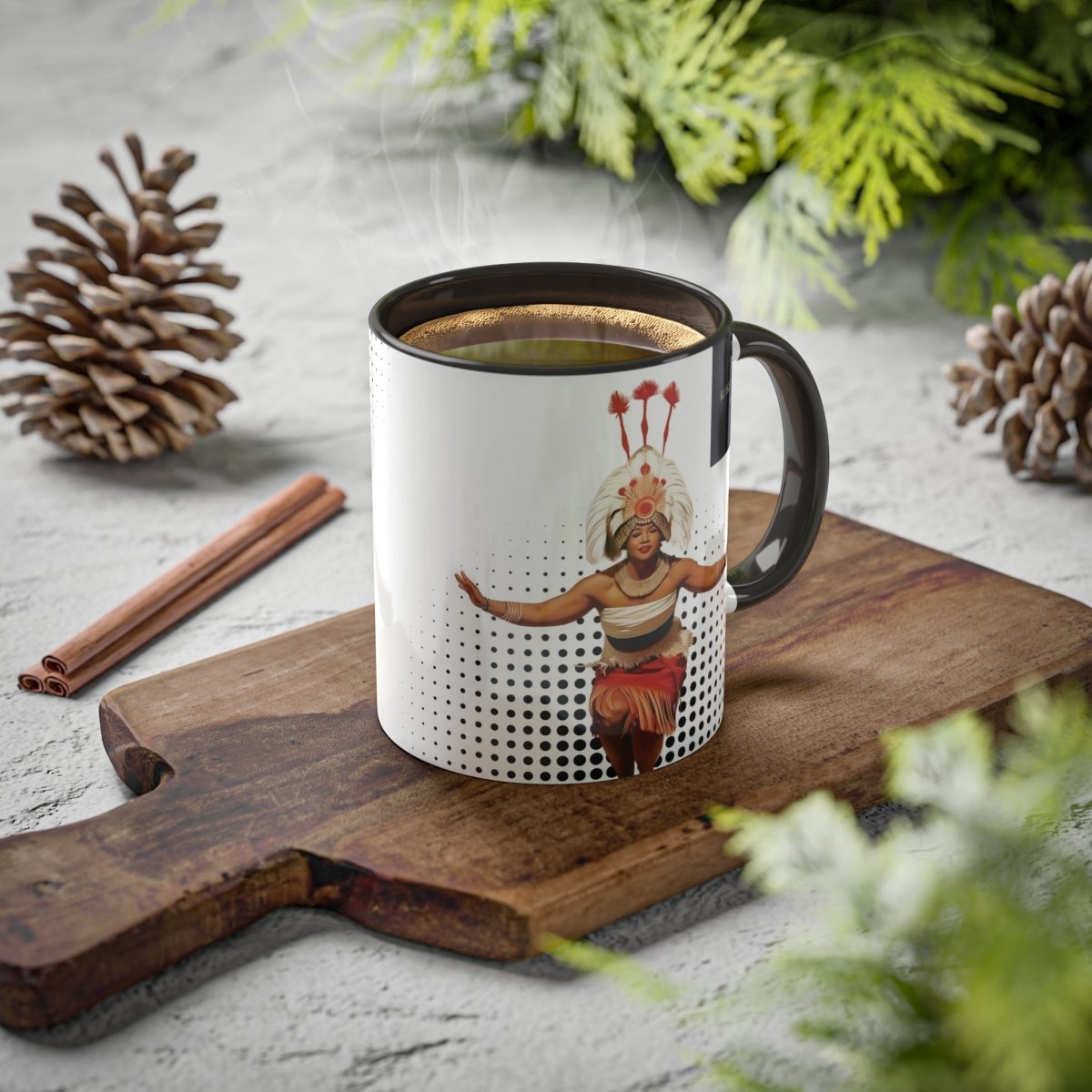 LimaLuxe™ 11oz Taupou mug by Imagine Your Photos, black ceramic mug with tropical design, suitable for hot beverages.