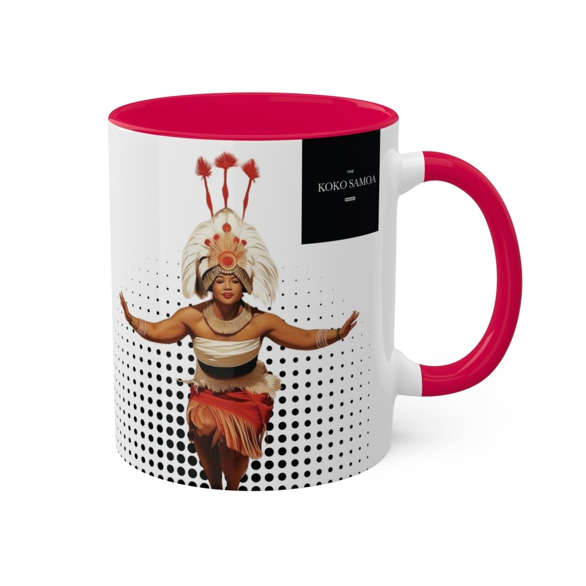 LimaLuxe 11oz Taupou mug, black ceramic mug with Taupou design and USA branding, close-up view.
