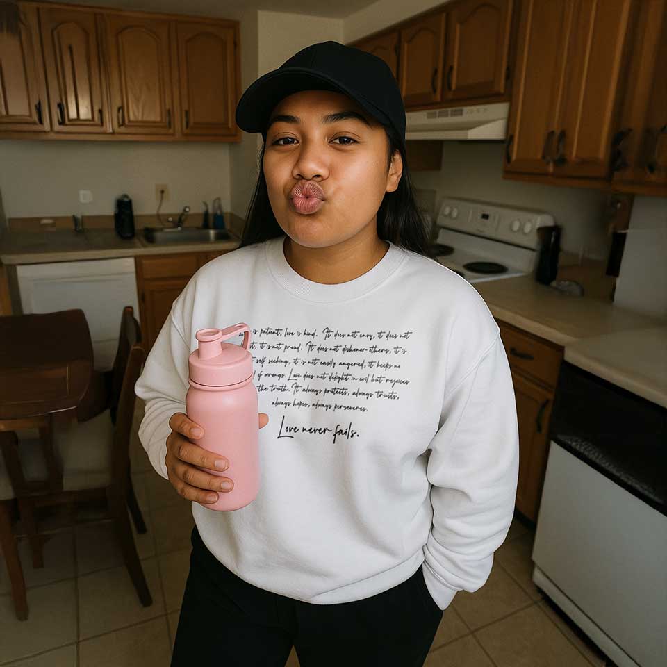 Black Champion unisex sweatshirt by Inkblot featuring "Love Never Fails" graphic design, casual and comfortable apparel.