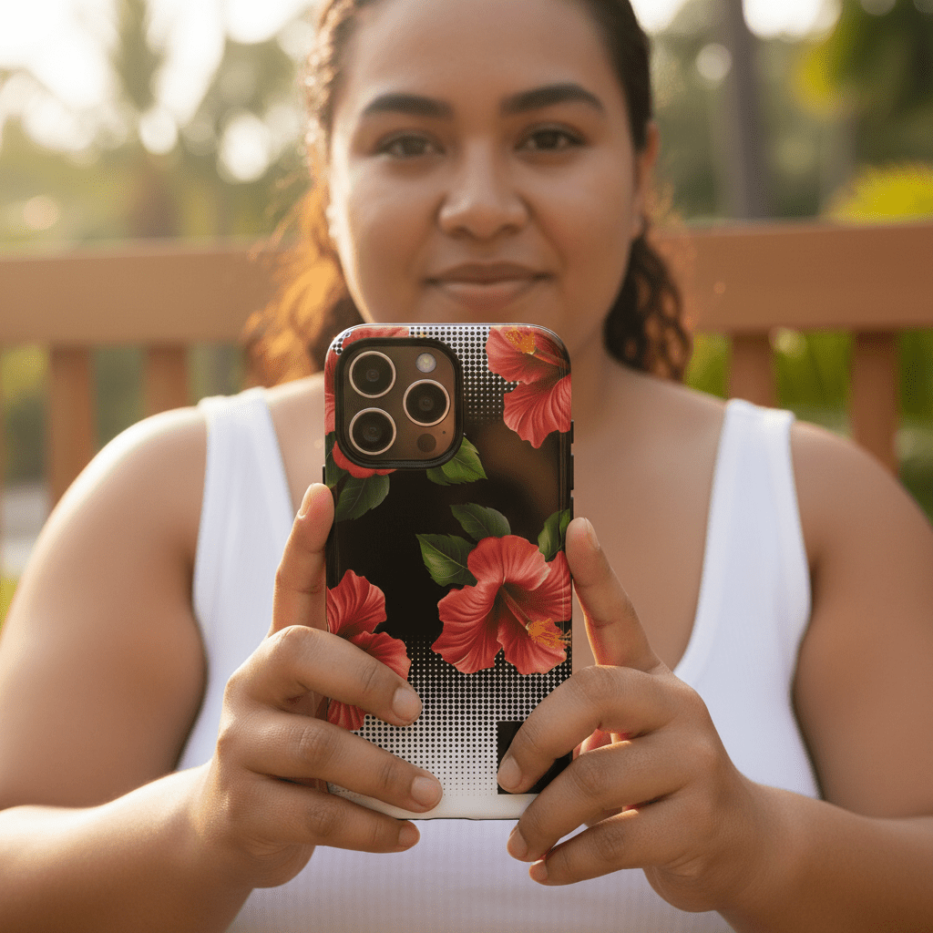 WOYC iPhone tough phone case in Aute design, durable protective cover for iPhone models, featuring vibrant Samoa-inspired artwork.