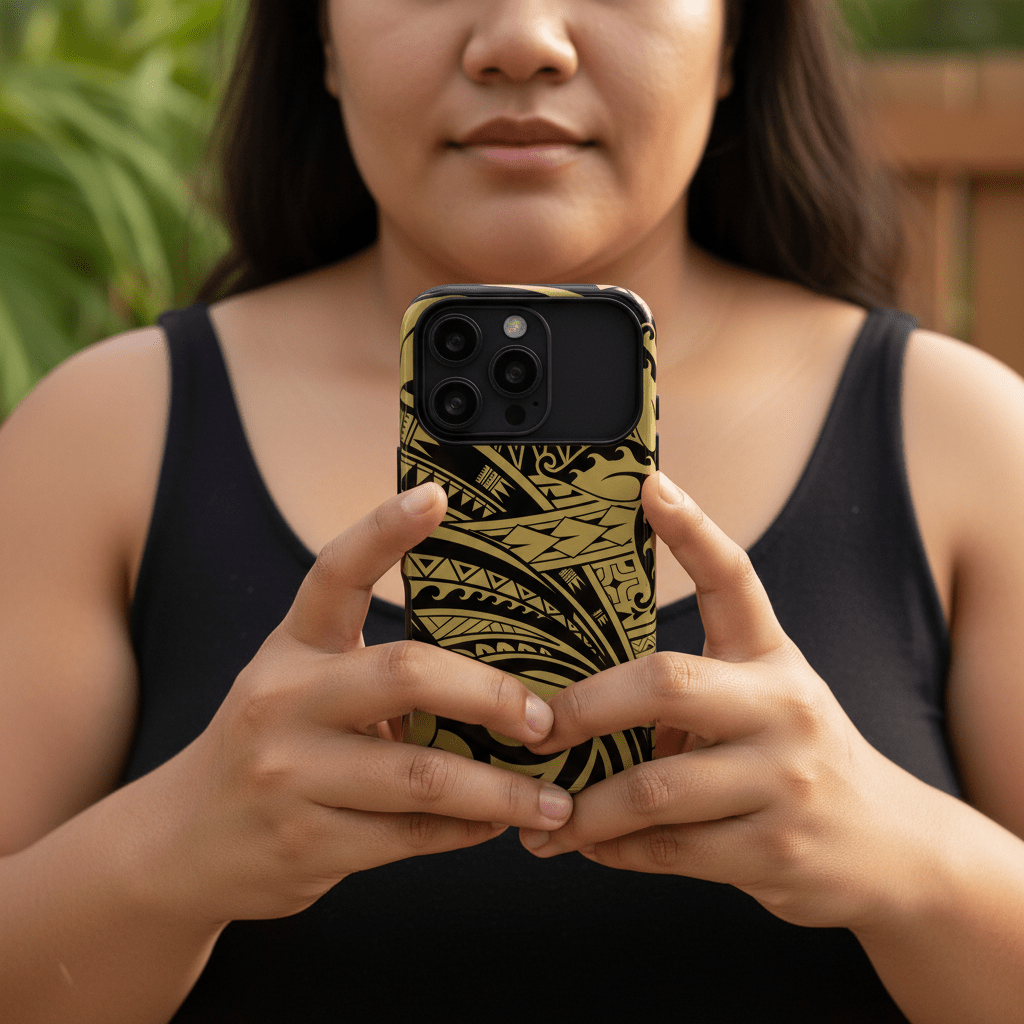 Bloom Gold tough iPhone case for AU/NZ/USA, durable phone protection with floral design on a sleek gold background.