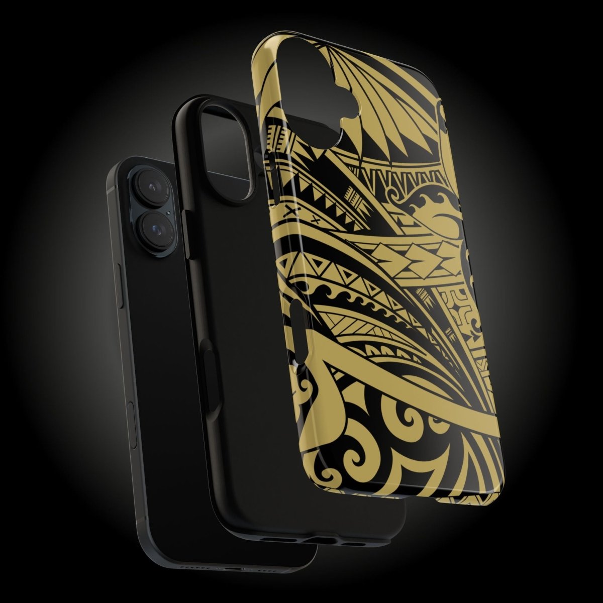 WOYC Bloom Gold tough iPhone case on a phone, showcasing durable protection and stylish floral design.