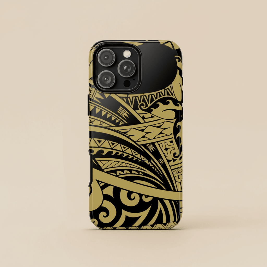 Printify iPhone tough phone case in Bloom Gold with tropical floral design, fits iPhone models for AU, NZ, and USA.