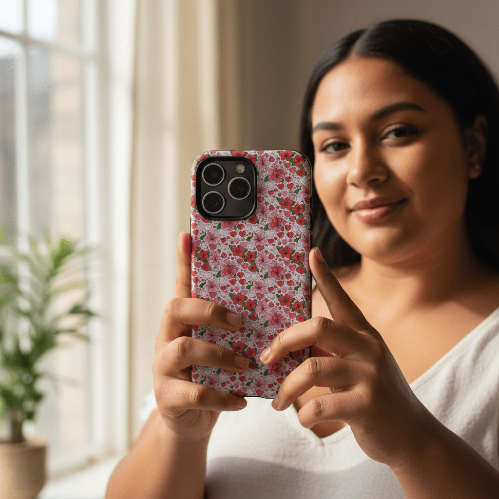 WOYC iPhone tough phone case with love and aute design, durable protective cover for iPhone, featuring colorful tropical artwork.