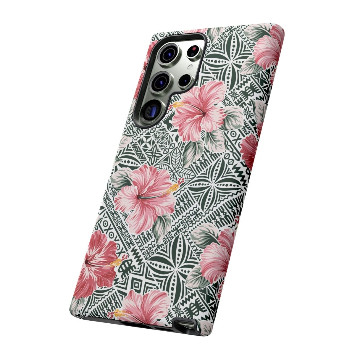 Durable iPhone tough phone case with floral Solosolo Blooms design by Printify for AU, NZ, and US models, featuring vibrant tropical flowers.