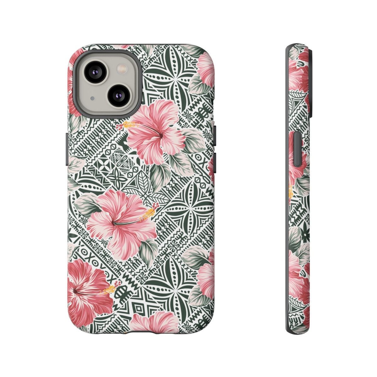 iPhone tough phone case featuring Solosolo Blooms design with tropical floral artwork for iPhone models.