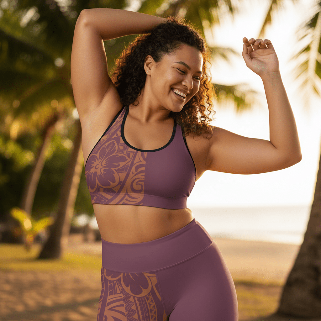 High-waisted leggings from Miami Sublimation in Bloom Brandied Melon color, featuring a vibrant tropical print.