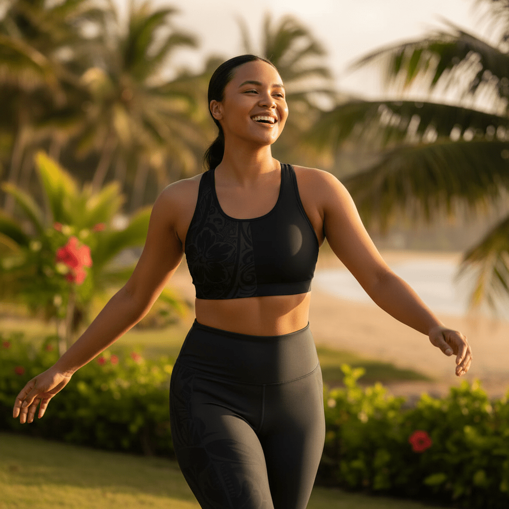 Miami Sublimation IslandRise high-waisted leggings in Bloom Dark with tropical print, showcasing a stylish, fitted activewear design.