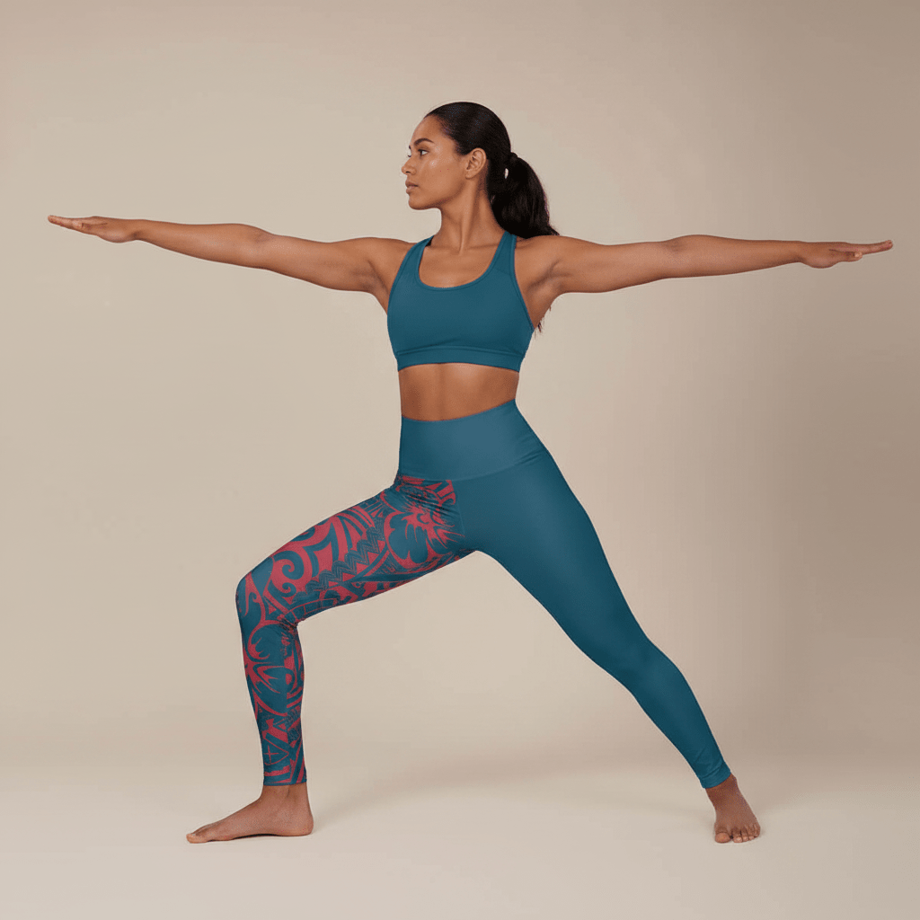 High-waisted leggings by Miami Sublimation in Bloom Winterberry Blue, featuring vibrant floral design, perfect for activewear or casual wear.