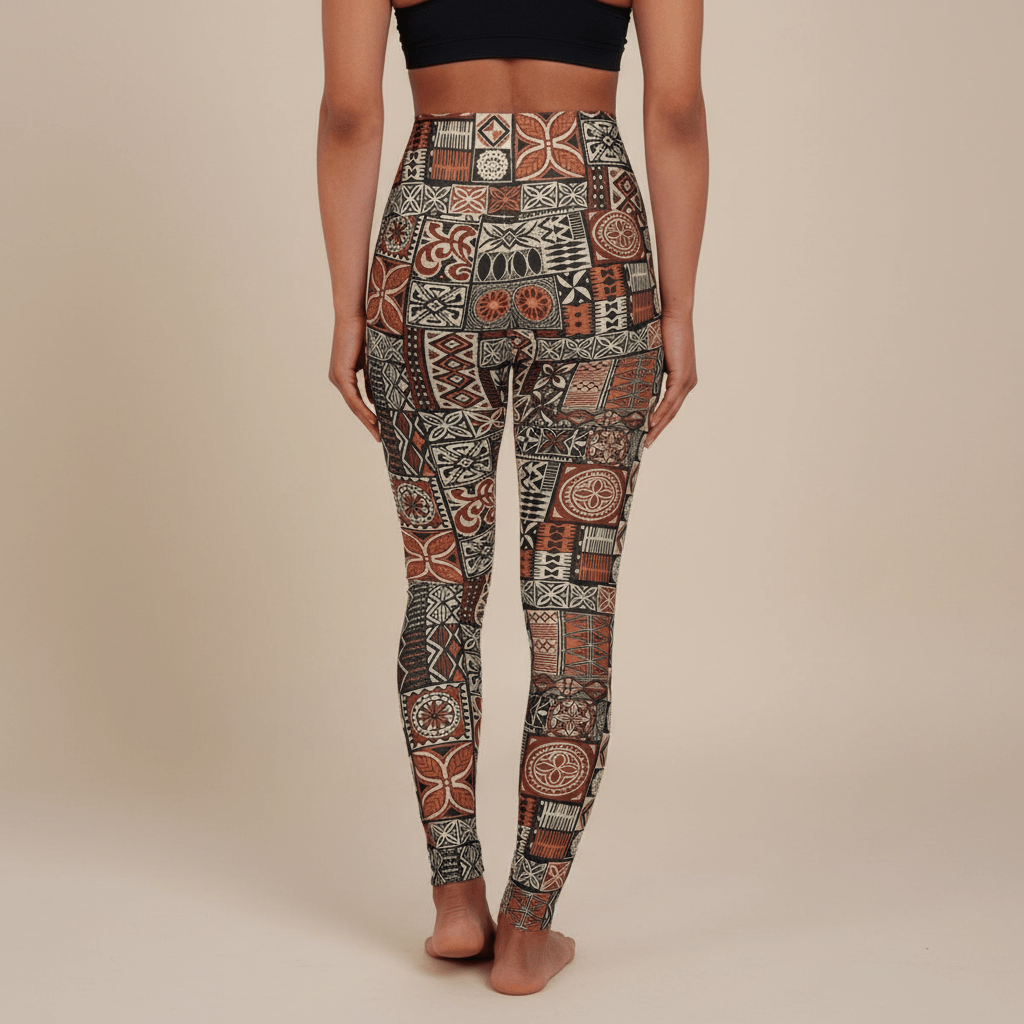 High-waisted leggings featuring island-inspired Elei design, shown in vibrant fabric pattern.