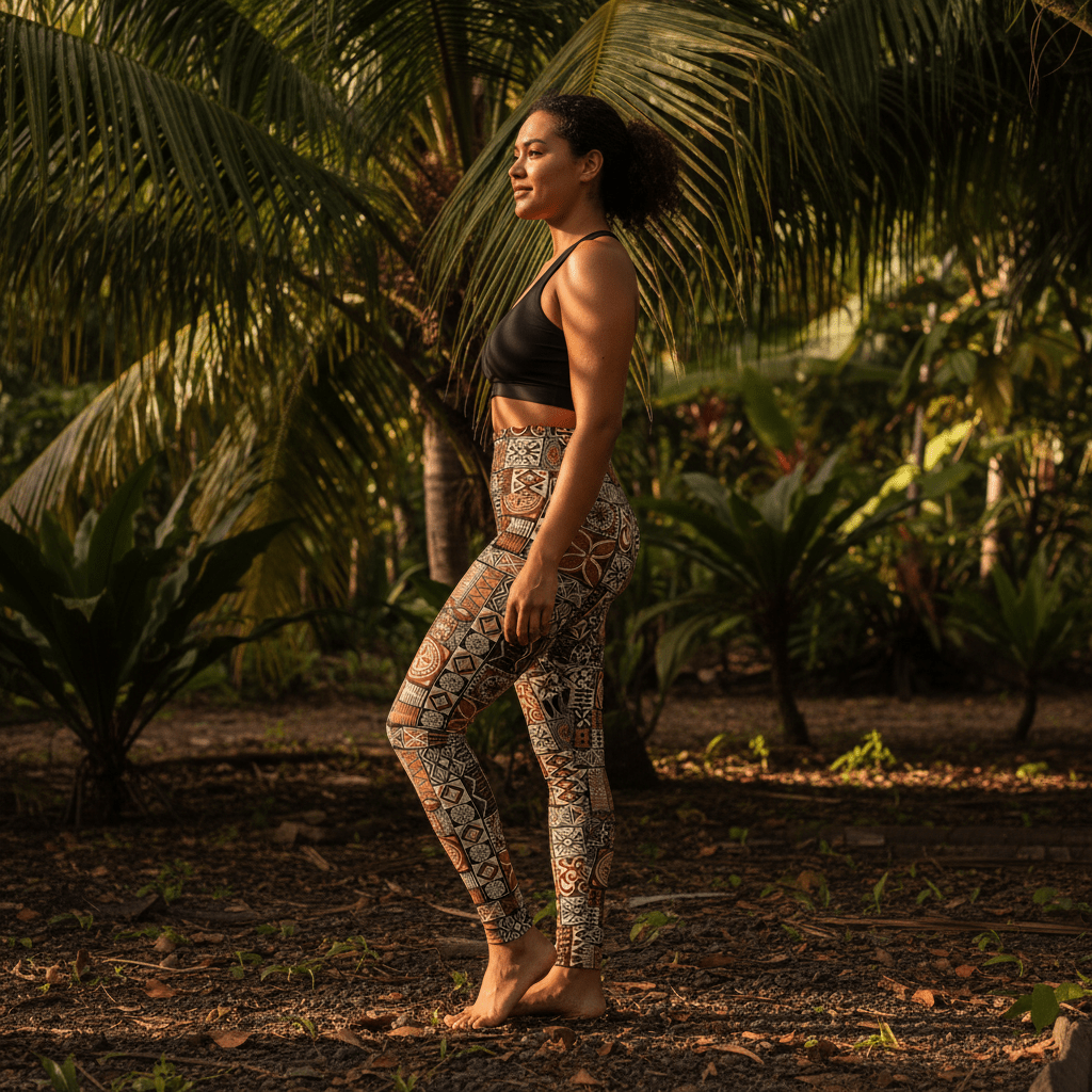 Miami Sublimation IslandRise high-waisted leggings featuring vibrant Elei design inspired by Samoa traditional patterns.