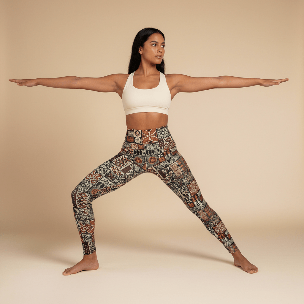 High-waisted leggings by Miami Sublimation with IslandRise Elei design, featuring vibrant tropical patterns on black fabric.