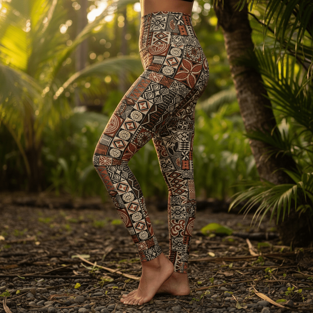 High-waisted IslandRise leggings by Miami Sublimation featuring Elei design with tropical island pattern in vibrant colors.