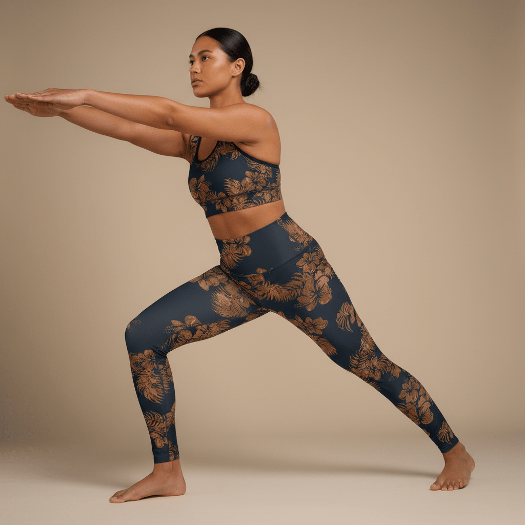 High-waisted leggings in Fagaloa Twilight, featuring vibrant tropical-inspired design.