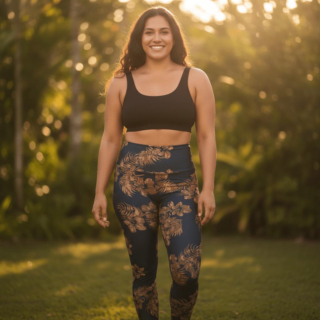 High-waisted leggings by Miami Sublimation in Fagaloa Twilight with tropical island print, designed for comfort and style.