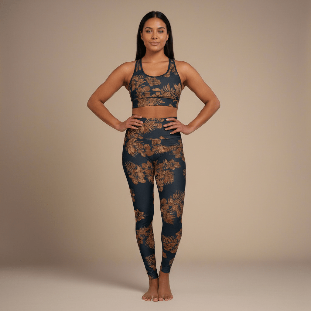 IslandRise high-waisted leggings in Fagaloa Twilight by Miami Sublimation, featuring vibrant tropical print and comfortable fit.