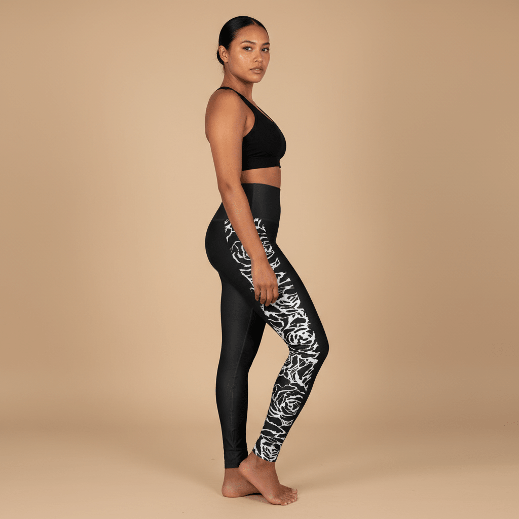 IslandRise high-waisted leggings in Faleasiu Nights pattern by Miami Sublimation, showcasing vibrant tropical design.