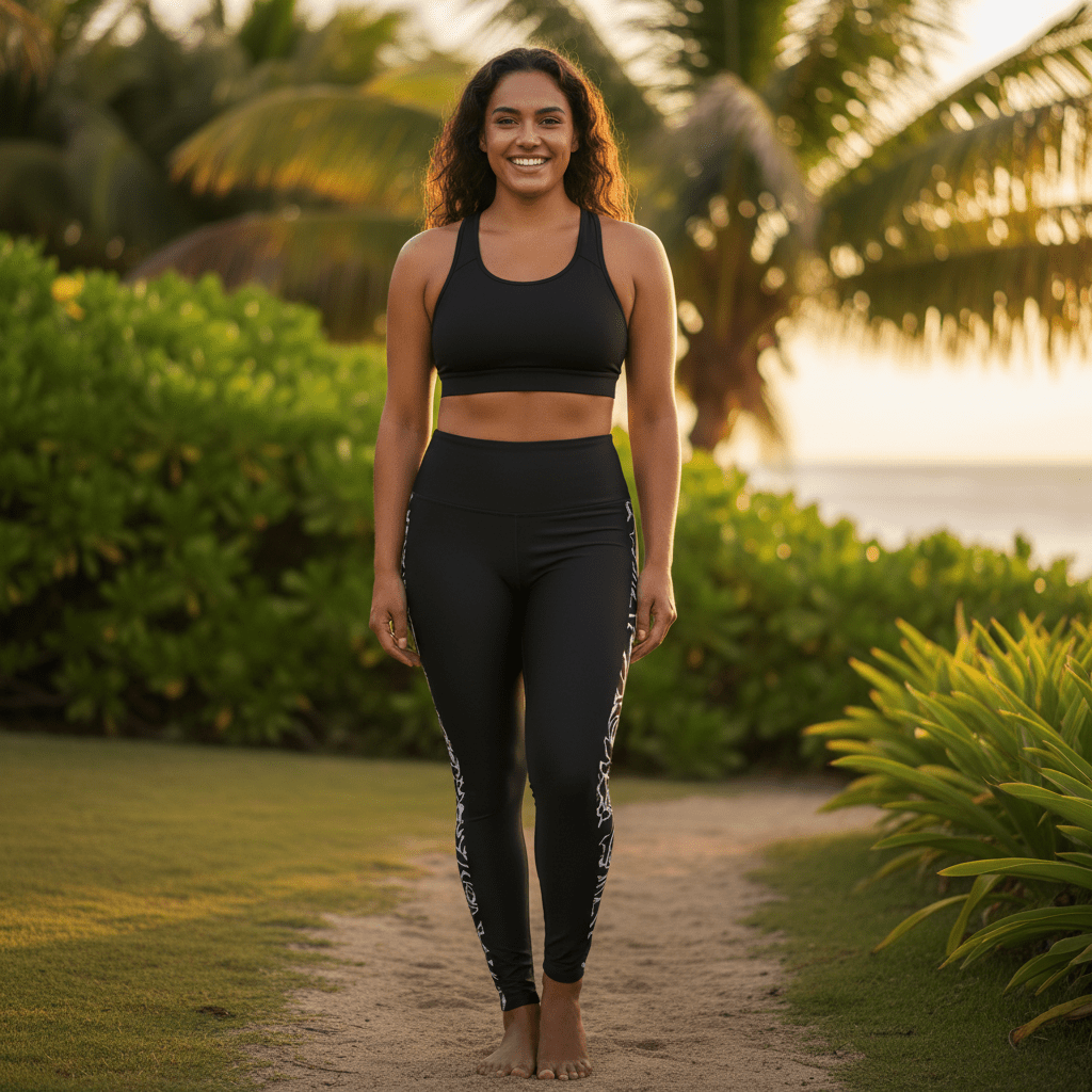 Miami Sublimation IslandRise high-waisted leggings featuring Faleasiu Nights design, showcasing vibrant patterns and comfortable fit.