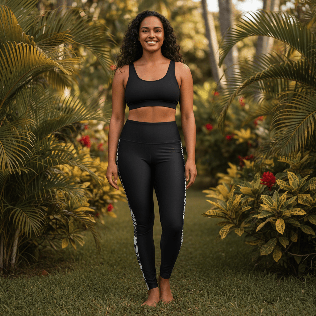 IslandRise high-waisted leggings by Miami Sublimation featuring Falefa Breeze design, with tropical patterns and vibrant colors.