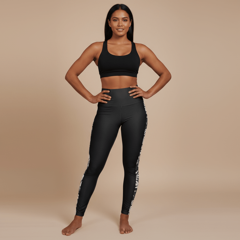 High-waisted leggings from Miami Sublimation featuring Falefa Breeze design, with tropical island print and comfortable fit.