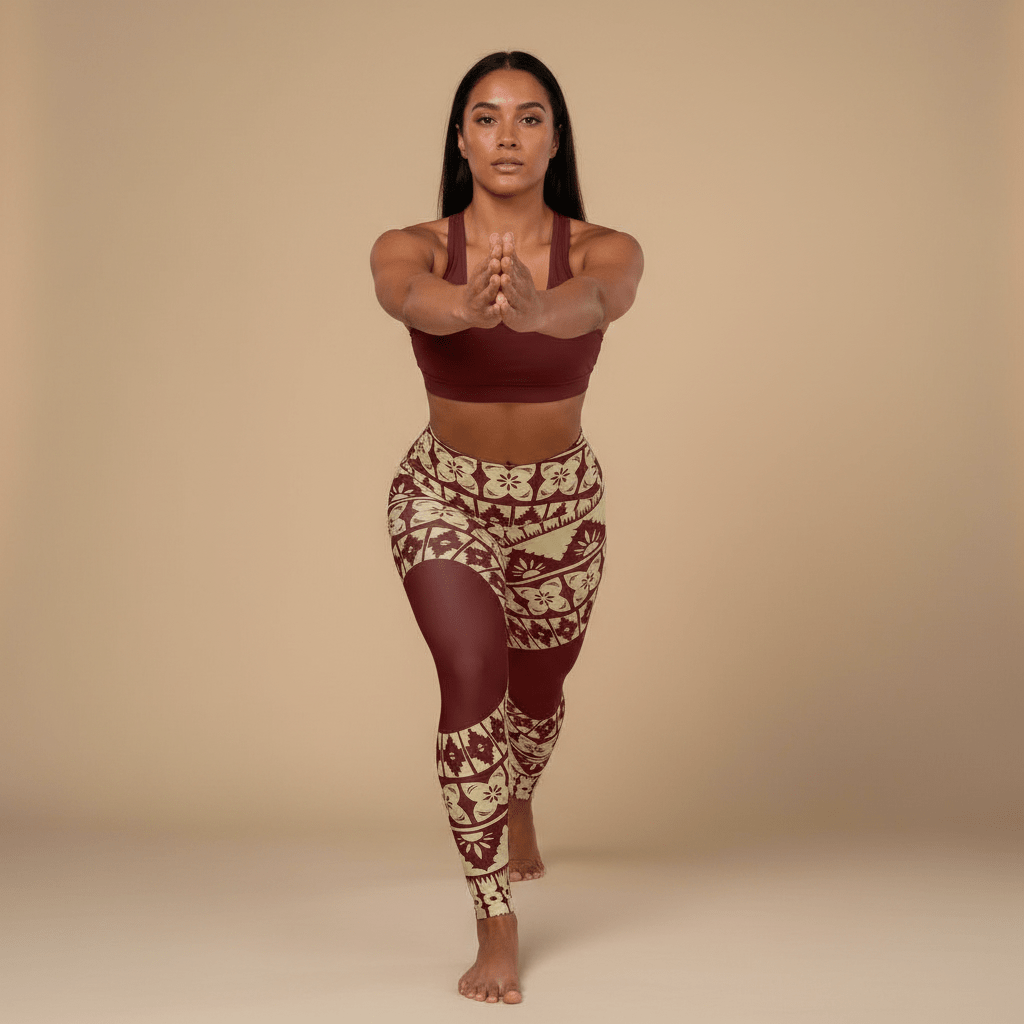 Miami Sublimation IslandRise high-waisted leggings in Fiji Red with tropical island design, perfect for active wear and casual outfits.
