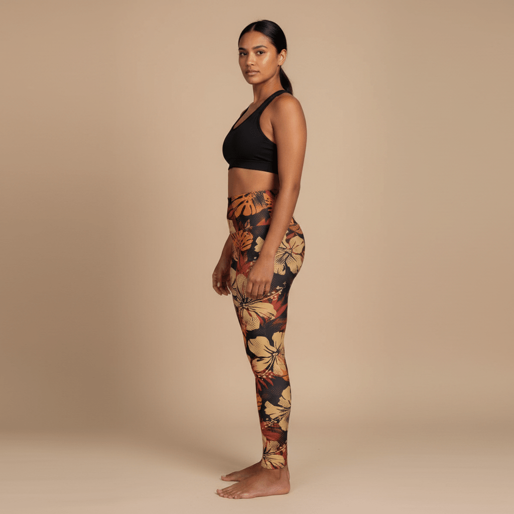 Miami Sublimation IslandRise high-waisted leggings in Lalomanu Ember, featuring vibrant tropical print and comfortable fit.