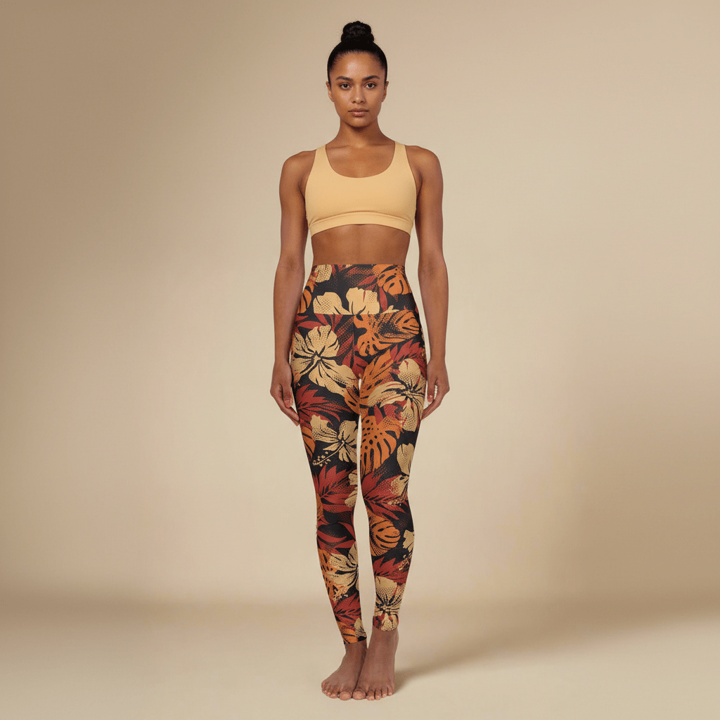 High-waisted leggings by Miami Sublimation in Lalomanu Ember print, featuring vibrant tropical island-inspired design.
