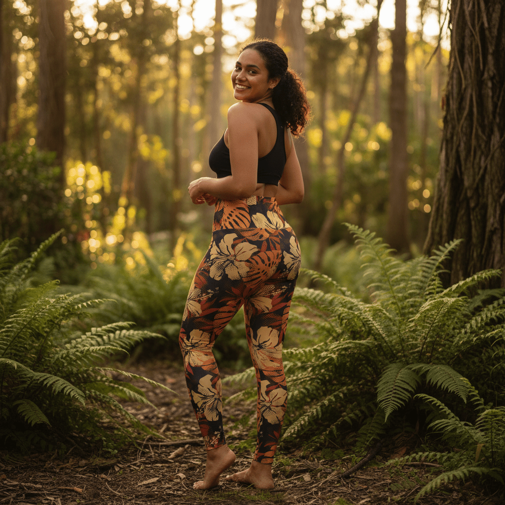 Miami Sublimation IslandRise high-waisted leggings in Lalomanu Ember with tropical island print, shown on a model.