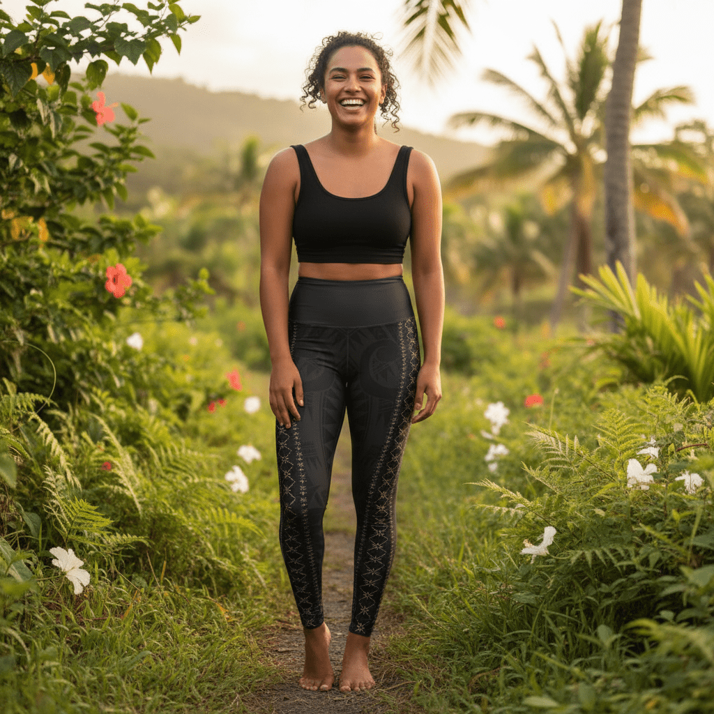 High-waisted IslandRise leggings by Miami Sublimation featuring vibrant Malu design, perfect for active and casual wear.
