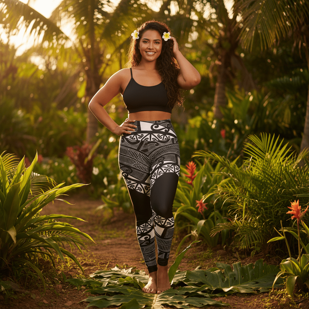 IslandRise high-waisted leggings with Māori-inspired patterns by Miami Sublimation, featuring vibrant cultural design and comfortable fit.