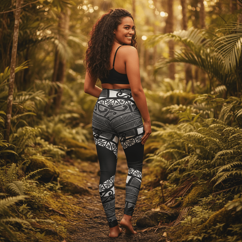 IslandRise high-waisted leggings with Māori-inspired design by Miami Sublimation, featuring vibrant patterns and comfortable fit.