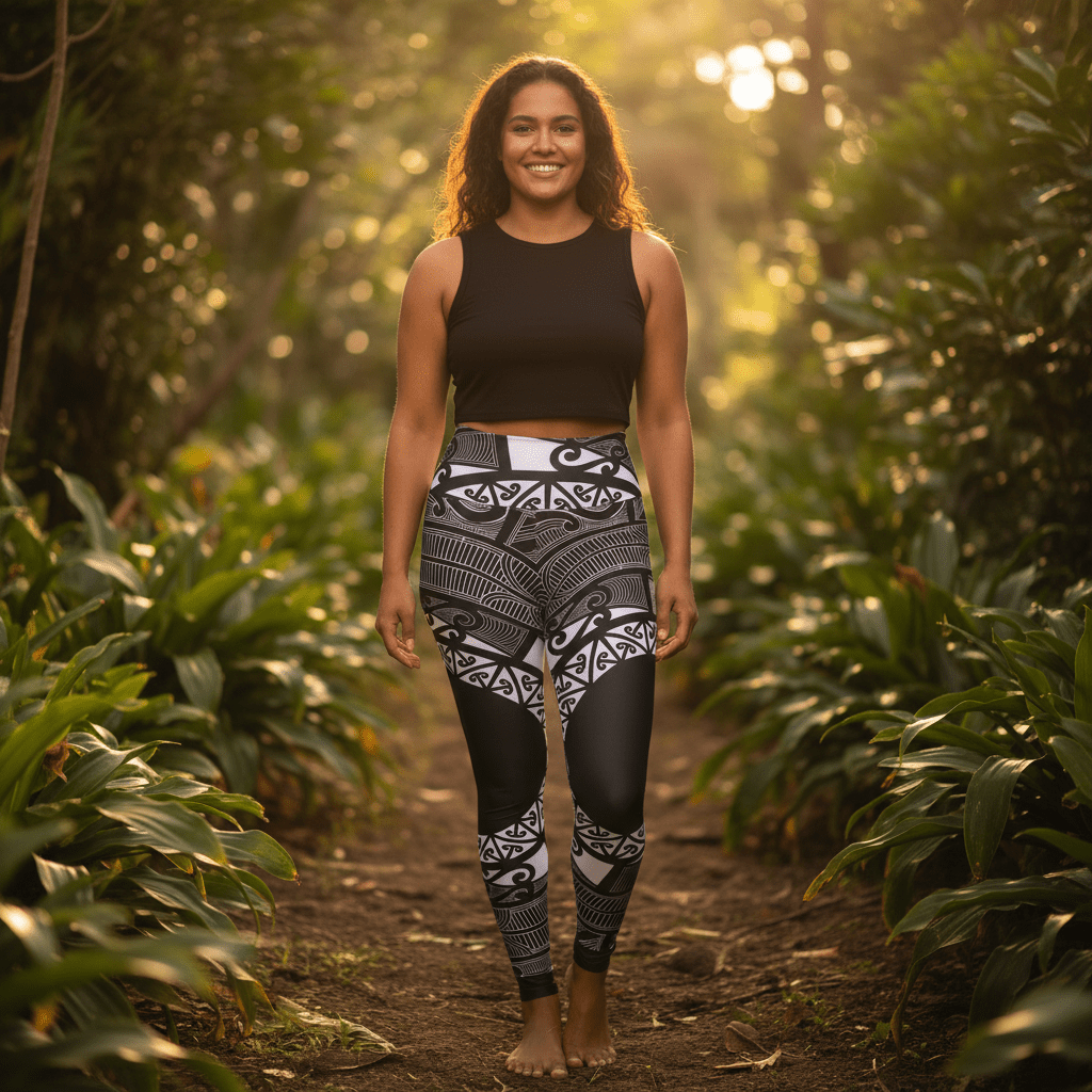IslandRise high-waisted leggings featuring Māori and Samoa-inspired designs by Miami Sublimation, shown on a model.