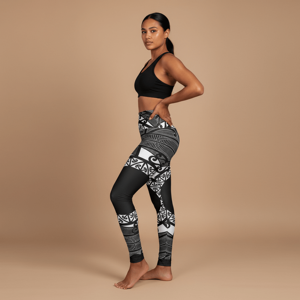 IslandRise high-waisted leggings featuring Māori-inspired patterns in vibrant colors, designed by Miami Sublimation.