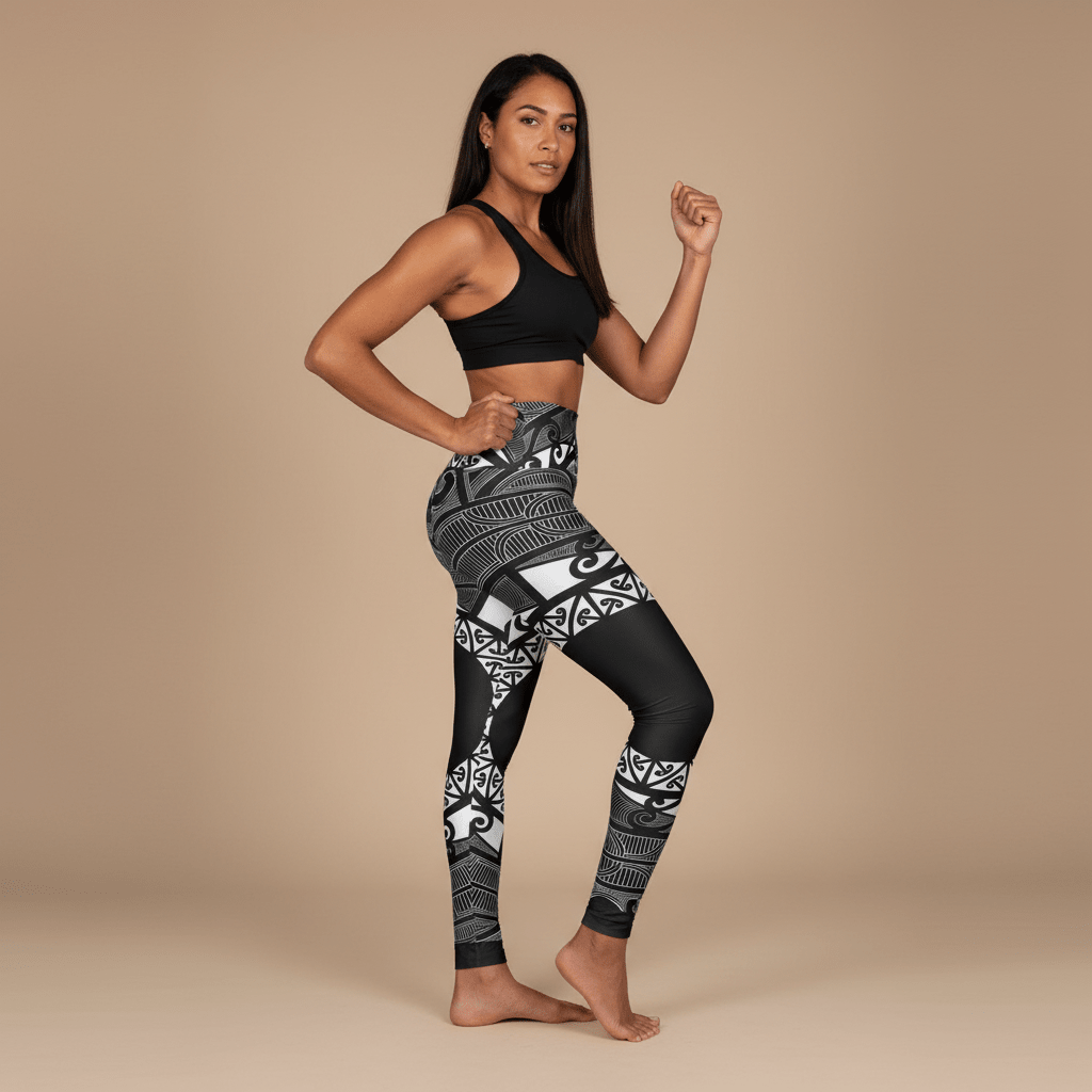 IslandRise high-waisted leggings with Māori-inspired designs, featuring vibrant patterns in the USA.