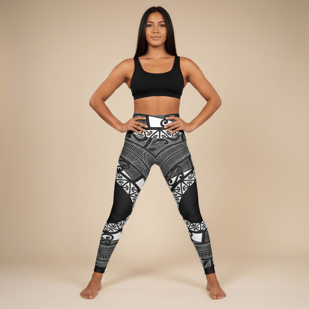 IslandRise high-waisted leggings with Māori-inspired design, featuring vibrant patterns and Miami Sublimation branding.