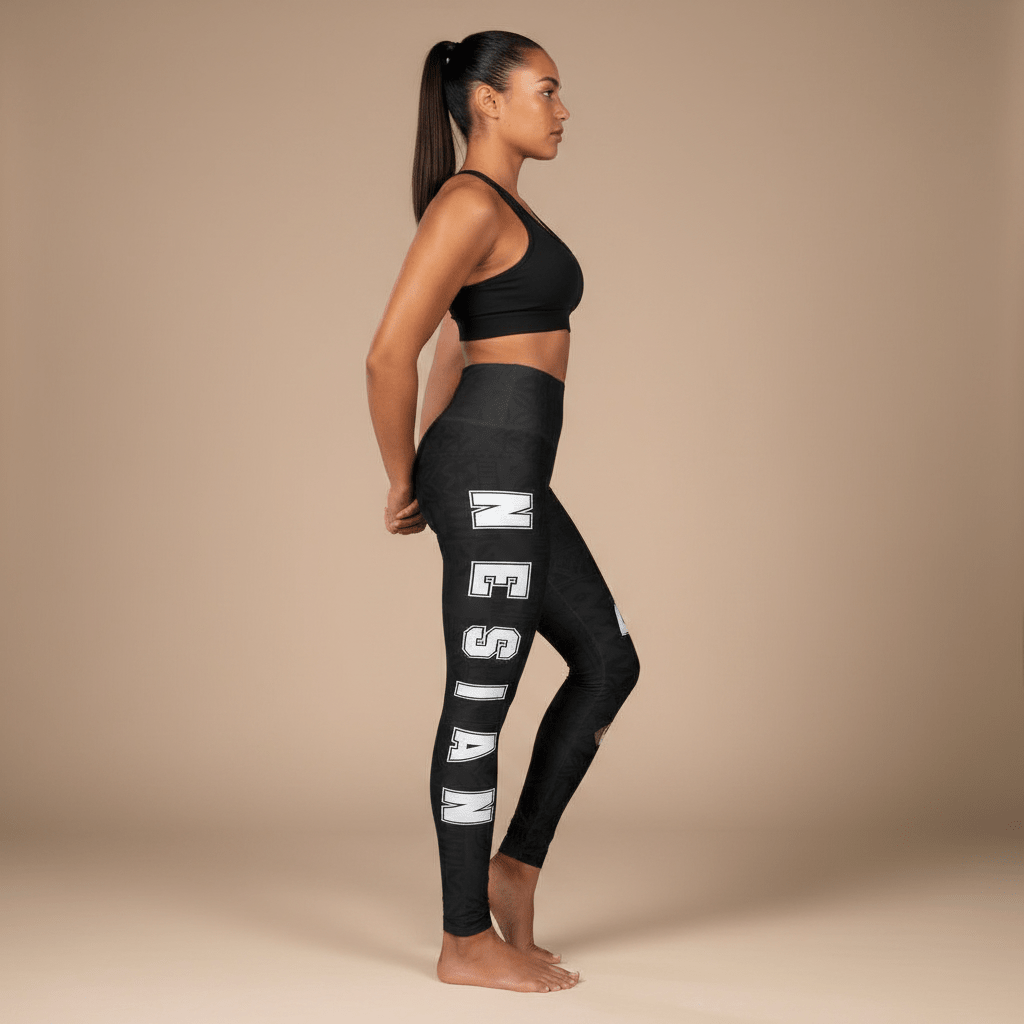 High-waisted leggings featuring Nesian Strength design, with vibrant tropical patterns and USA branding.